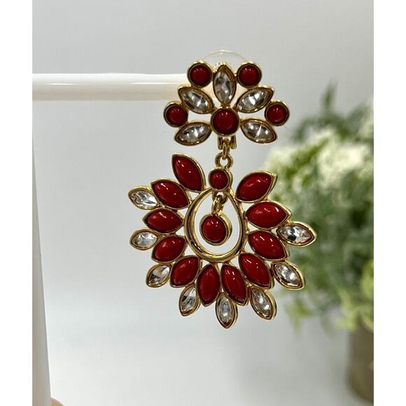 Amrita Singh Red Cabochon and Rhinestone Sunburst Chandelier Earrings - Picture 14 of 15